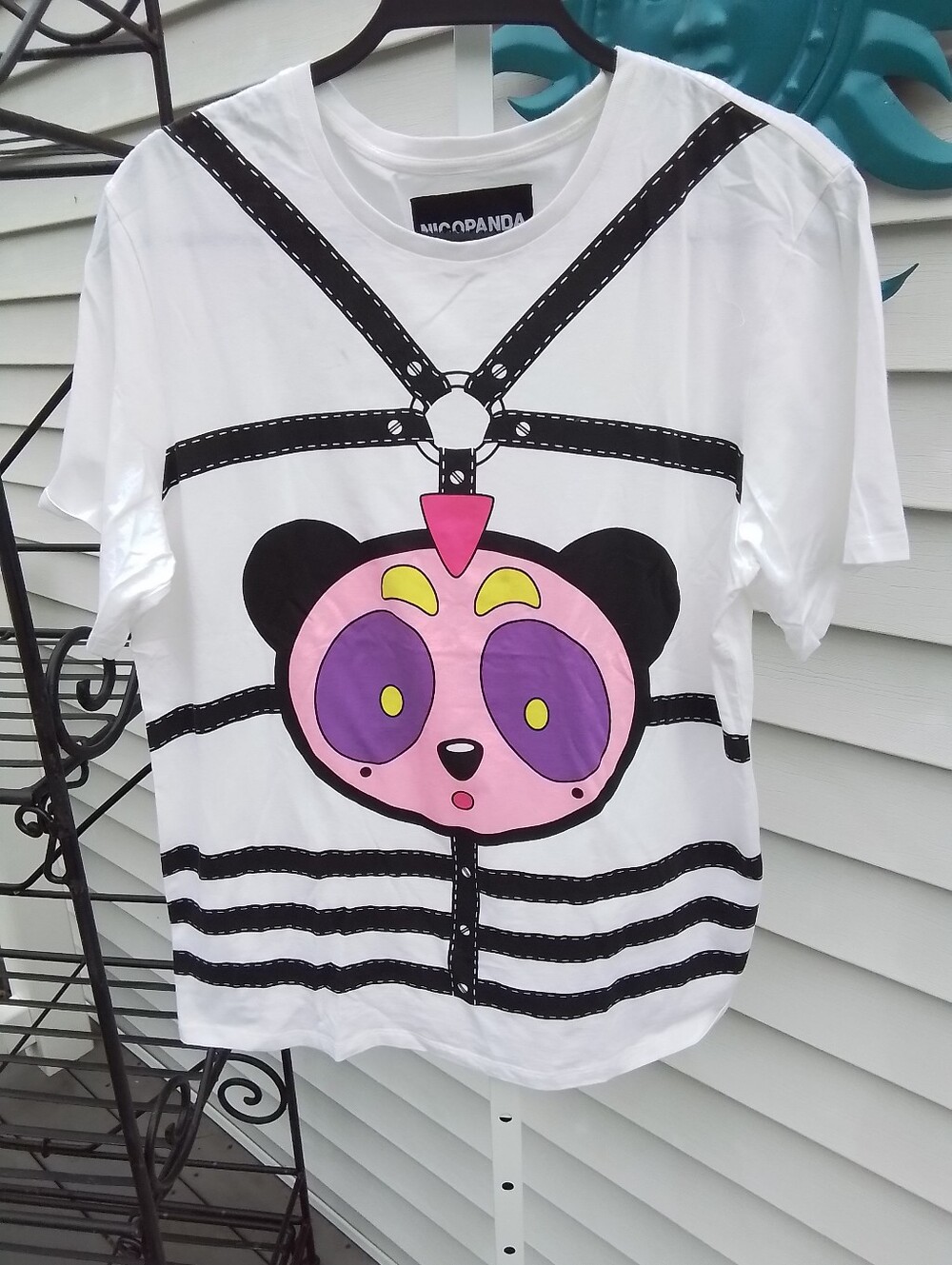 Nicopanda White Graphic Panda Tee with Pink & Purple Face